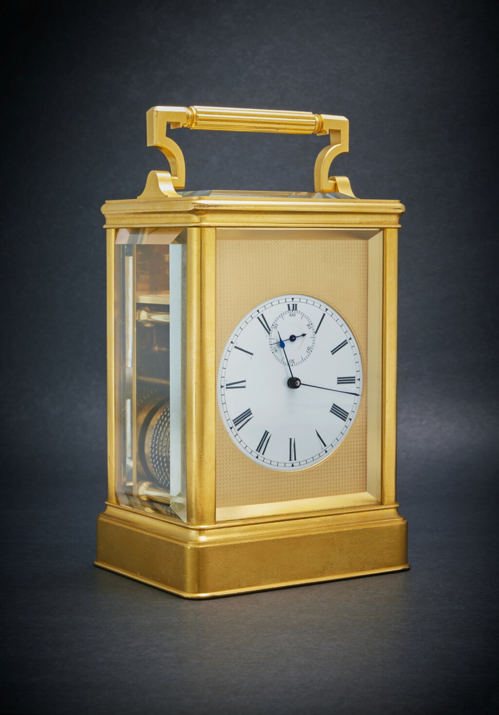 View full screen - View 1 of Lot 30. A rare English gilt brass eight-day chronometer carriage timepiece, with Dent’s patented staple balance, No. 17966, Circa 1853.