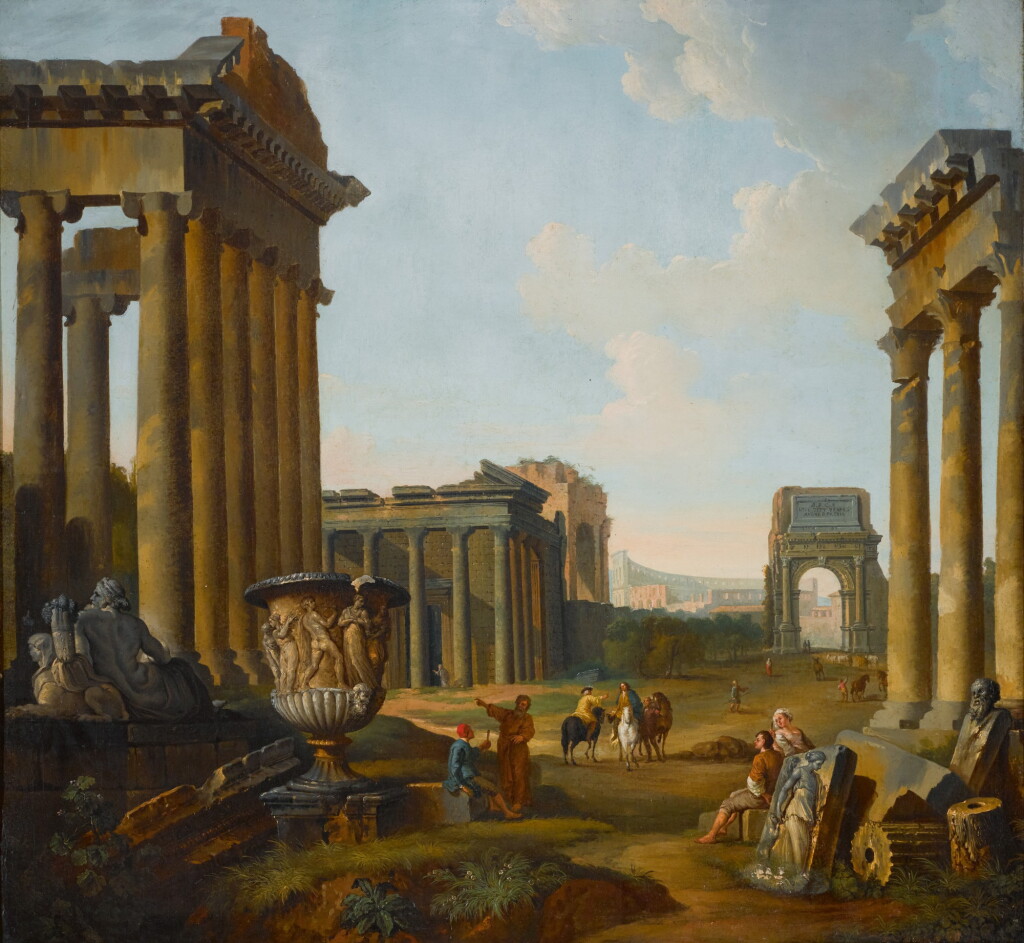View full screen - View 1 of Lot 175. A capriccio of Roman ruins with elements from the Forum, including the Temples of Antoninus and Faustina, and Castor and Pollux, Arch of Titus, and Temple of Saturn.