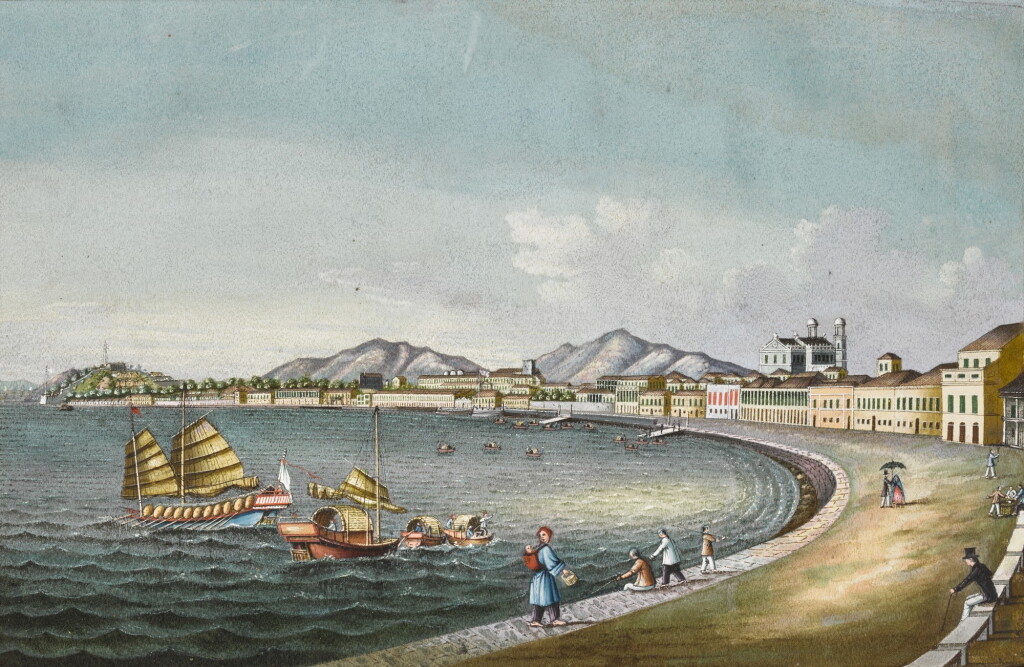 View full screen - View 1 of Lot 116. A pith paper painting of Macau, Qing dynasty, circa 1850 | 清約1850年 外銷澳門碼頭風景.
