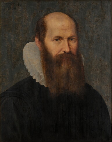 View full screen - View 1 of Lot 72. Portrait of a bearded man, aged 48, bust-length, in a black costume and white ruff.