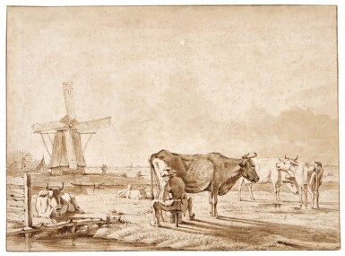 View full screen - View 1 of Lot 345. Landscape with cows and a milkmaid.