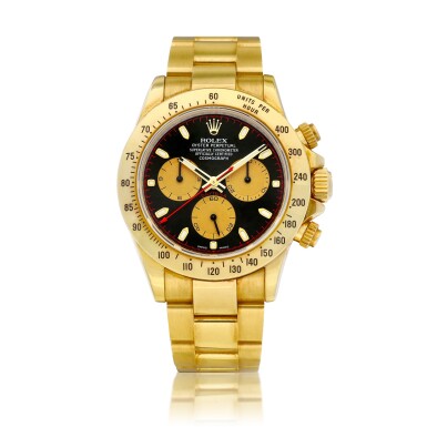 View full screen - View 1 of Lot 2111. Cosmograph Daytona, Reference 116528 | A yellow gold chronograph wristwatch with bracelet, Circa 2005 | 勞力士 | Cosmograph Daytona 型號116528 | 黃金計時鏈帶腕錶,約2005年製.