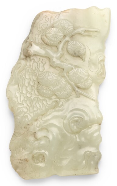 View full screen - View 1 of Lot 370. A PALE CELADON JADE PAPERWEIGHT QING DYNASTY, 19TH CENTURY | 清十九世紀 青白玉松樹紋樁式鎮紙.