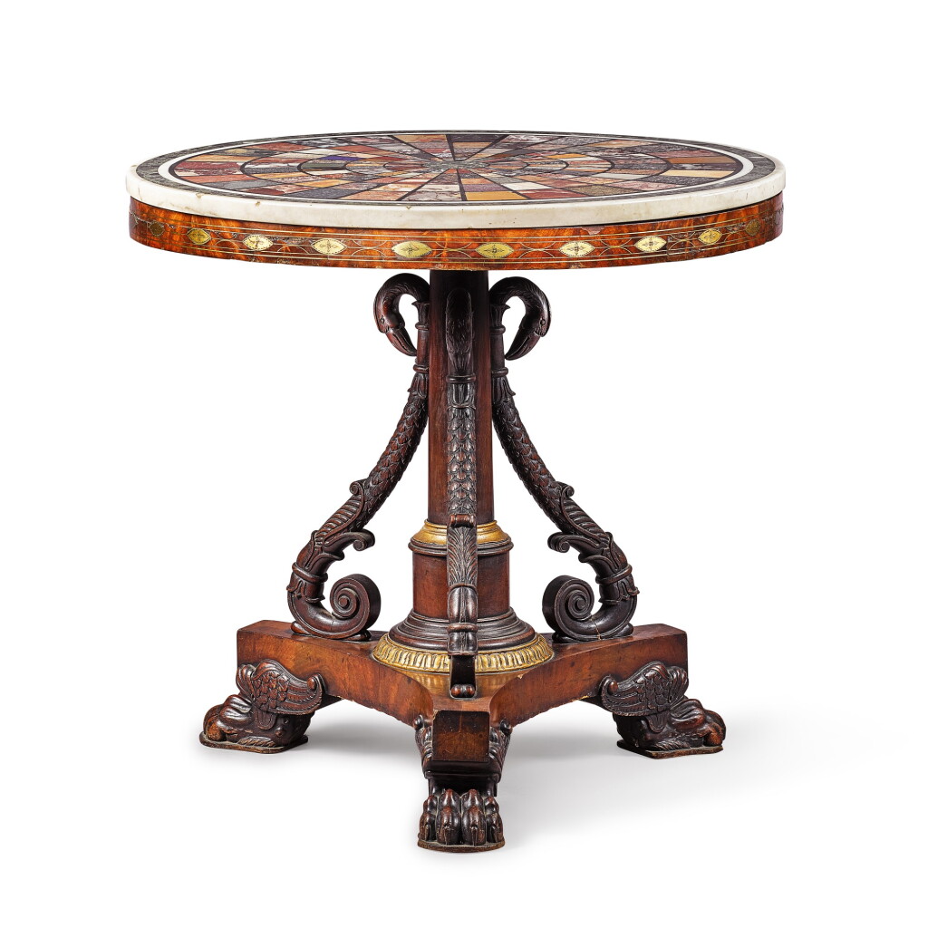 View full screen - View 1 of Lot 77. An Italian brass mounted parcel gilt carved walnut gueridon with specimen marble top, early 19th century.