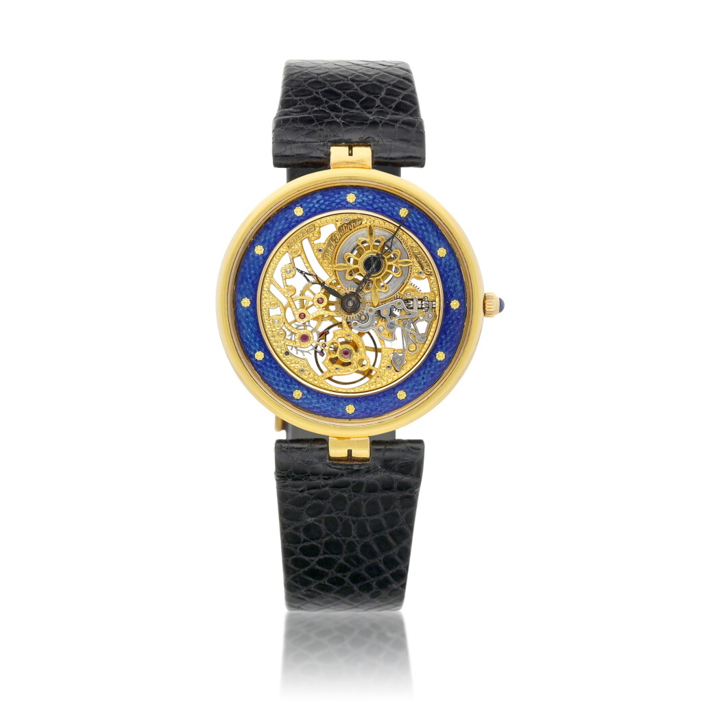 View full screen - View 1 of Lot 8055. Reference 3885 | A yellow gold and enamel skeletonised wristwatch, Circa 1995 | 百達翡麗 | 型號 3885 | 黃金及琺瑯鏤空腕錶,約1995年製.