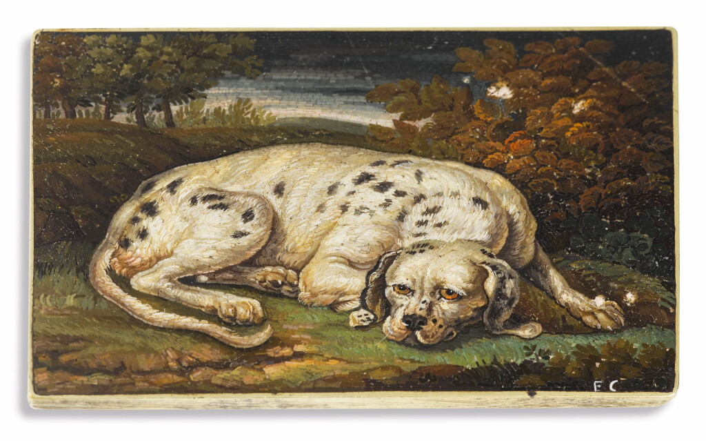 View full screen - View 1 of Lot 251. AN ITALIAN MICROMOSAIC PLAQUE OF A HOUND, MAKER'S INITIALS F.C. PROBABLY FOR FILIPPO COPPHI, VATICAN WORKSHOPS, ROME, CIRCA 1800.