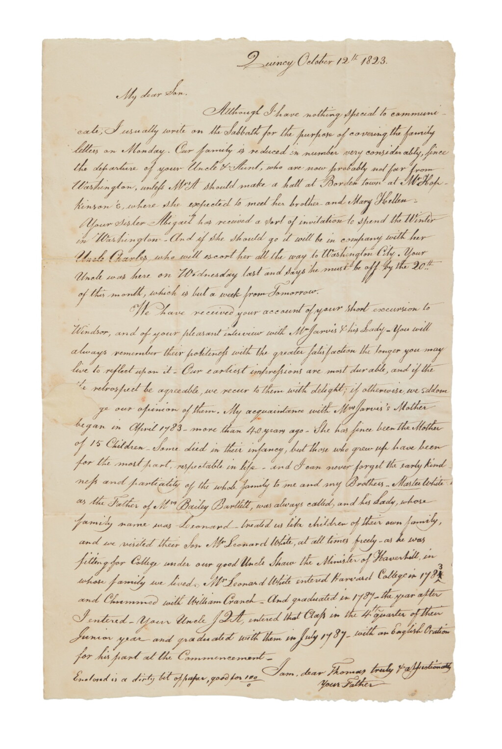 View full screen - View 1 of Lot 1116. (Adams, John) | A letter linking three generations of the Adams family.