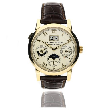View full screen - View 1 of Lot 308. A. LANGE & SOHNE | SAX-O-MAT LANGEMATIK REF 310.021 E, A YELLOW GOLD AUTOMATIC PERPETUAL CALENDAR WRISTWATCH WITH MOON PHASES, LEAP YEAR AND 24-HOUR INDICATION 2002 .