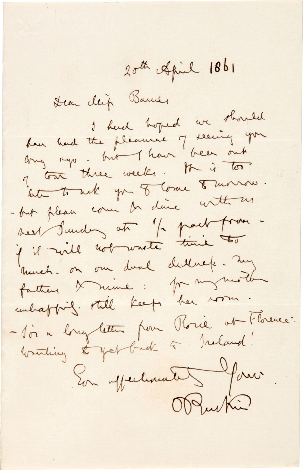 View full screen - View 1 of Lot 114. John Ruskin | autograph letter signed, to Miss Barnes, 20 April 1861, mentioning Rose La Touche.