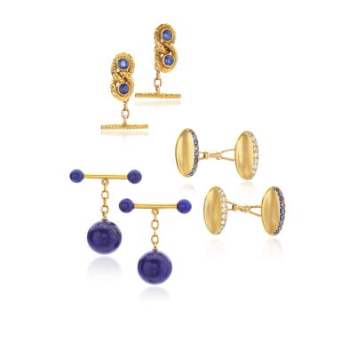 View full screen - View 1 of Lot 1005. Three pairs of sapphire, diamond and lapis lazuli cufflinks, 1890s.