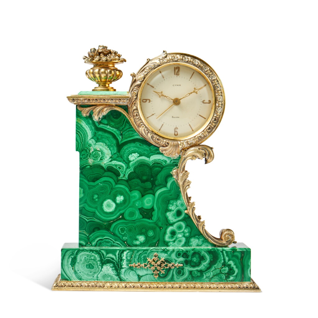 View full screen - View 1 of Lot 118. An Italian Silver-Gilt Mounted Malachite Desk Clock, 20th Century.