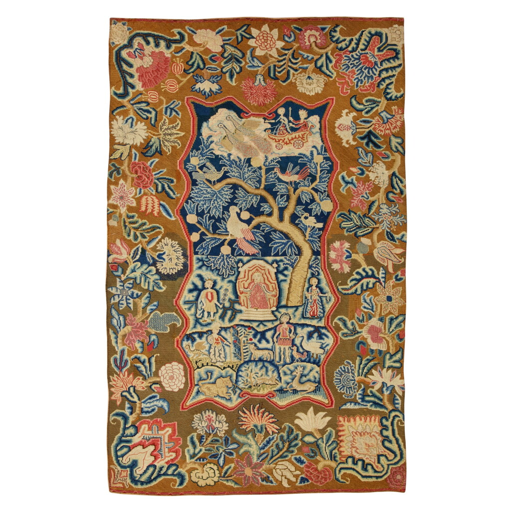 View full screen - View 1 of Lot 32. An English mythological and floral needlework carpet, Queen Anne, circa 1705.