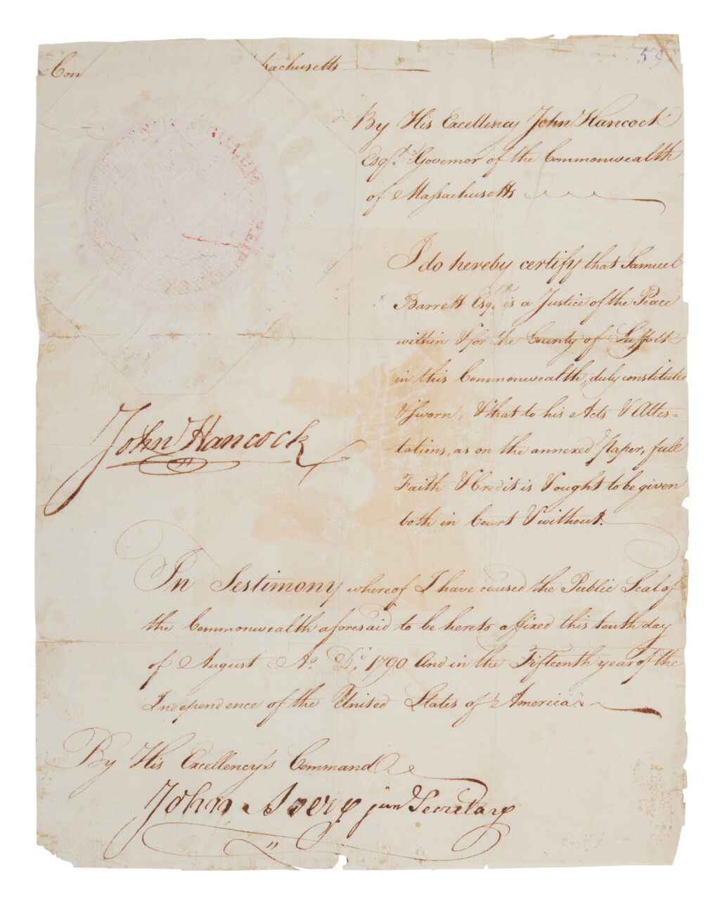 View full screen - View 1 of Lot 1129. Hancock, John | Governor John Hancock certifies a Justice of the Peace for Suffolk County.