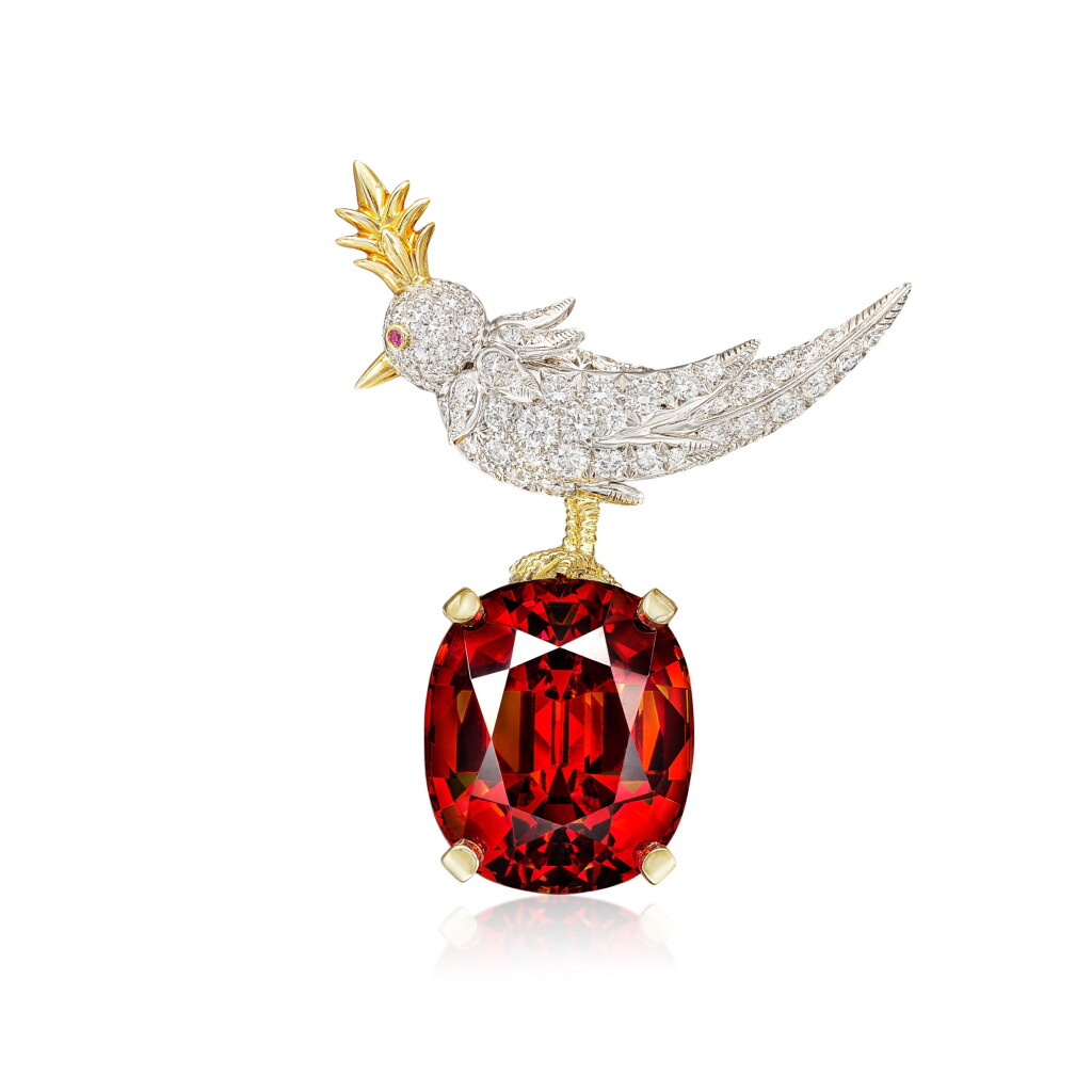 View full screen - View 1 of Lot 1414. SPESSARTINE GARNET AND DIAMOND ‘BIRD ON A ROCK’ BROOCH | 蒂芙尼 SCHLUMBERGER 設計 | 石榴石 配 鑽石 ‘BIRD ON A ROCK’ 胸針.