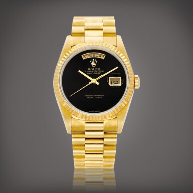 View full screen - View 1 of Lot 2229. Day-Date, Reference 18238 | A yellow gold wristwatch with day, date, onyx dial and bracelet, Circa 1991 | 勞力士 | Day-Date 型號18238 | 黃金鏈帶腕錶,備日期、星期顯示及瑪瑙錶盤,約1991年製.