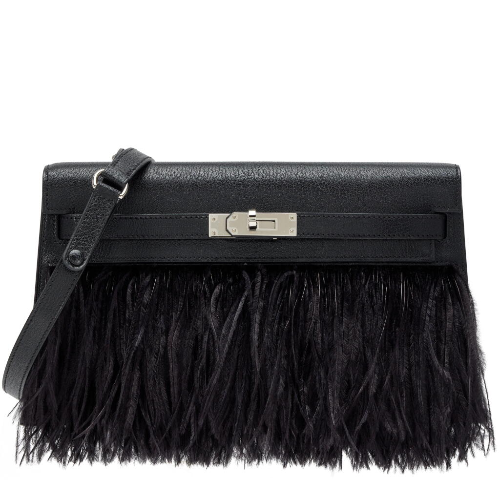 View full screen - View 1 of Lot 143. Black Chèvre Chamkila and Ostrich Feather Foile Kelly Elan Palladium Hardware, 2024.