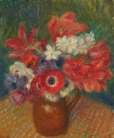 View full screen - View 1 of Lot 1377. Anemones and Tulips in a Brown Jug.