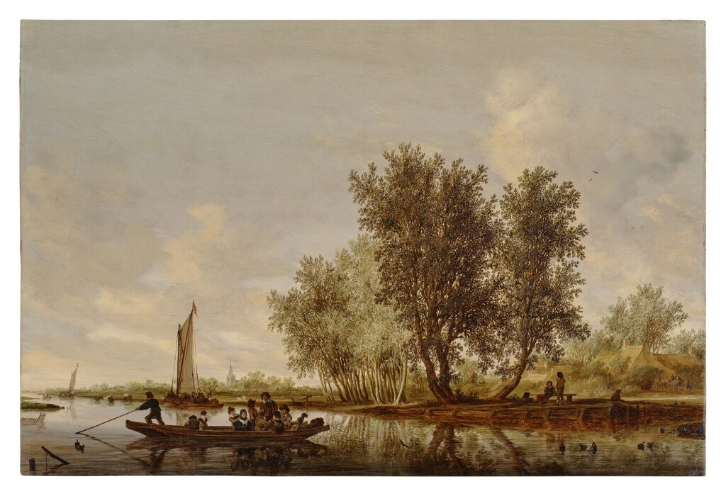 View full screen - View 1 of Lot 11. River Landscape with Figures in a Ferry, Sailboats, and Cattle Beyond.