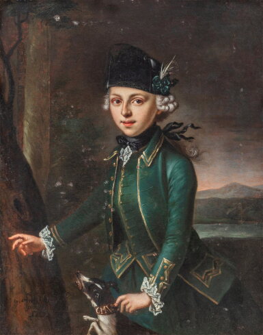 View full screen - View 1 of Lot 770. Portrait of a boy in a hunting dress with a dog .