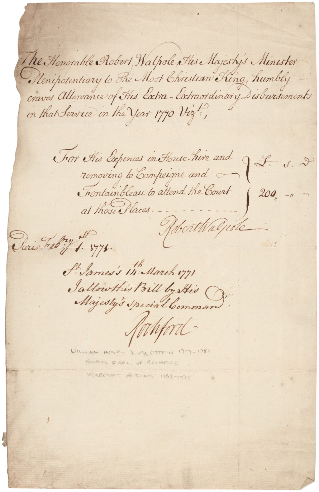 View full screen - View 1 of Lot 123. Robert Walpole, Ambassador to Paris | Two documents signed, 1769-71.