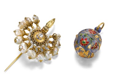 View full screen - View 1 of Lot 118. A pearl-set gold brooch, together with a lidded enamelled pendant in the form of a mango, India, 19th/early 20th century.