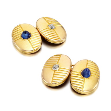 View full screen - View 1 of Lot 251. A pair of gold, sugarloaf sapphire and diamond cufflinks, Vassili Finnikov, St Petersburg, circa 1900.
