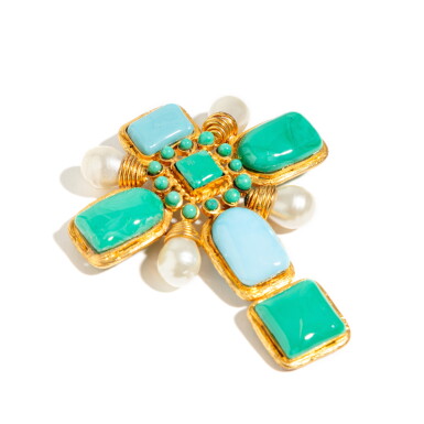 View full screen - View 1 of Lot 47. Turquoise and Green Cabochons in Gripoix Glass Paste and Gold Metal with Faux Pearls Cross Byzantine Vintage Brooch, by Robert Goossens, 1993.