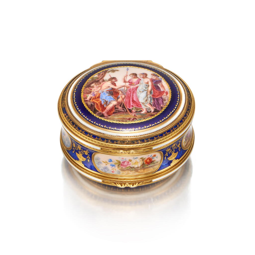 View full screen - View 1 of Lot 21. A Double-Opening Gold and Enamel Snuff Box, Possibly Geneva, Nineteenth Century in Earlier Style .