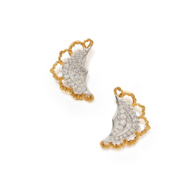 View full screen - View 1 of Lot 7. Pair of Gold and Diamond Earclips.