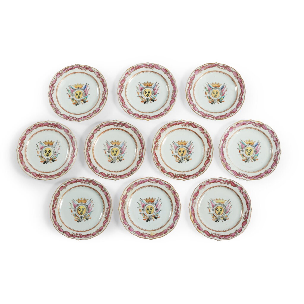 View full screen - View 1 of Lot 508. A Set of Ten Chinese Export Famille-Rose Armorial Plates for the Spanish Market Qing Dynasty, Qianlong Period, Circa 1769 | 清乾隆 約1769年 粉彩紋章圖盤十件.