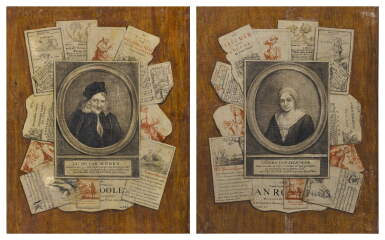 View full screen - View 1 of Lot 26. A pair of trompe l'œil still lifes with portraits of Jacob van Hoorn and Jacoba van Selstede.