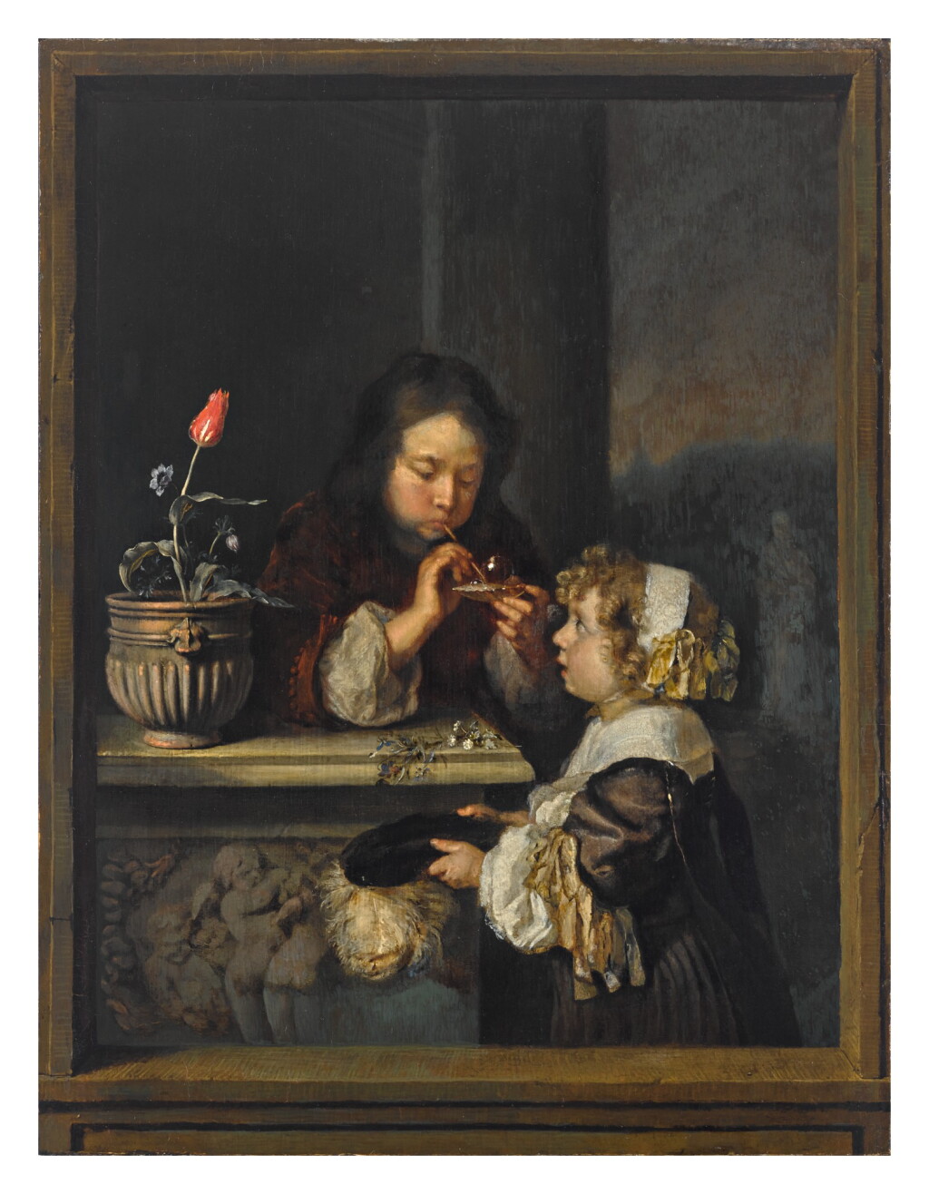 View full screen - View 1 of Lot 10. CASPAR NETSCHER | A YOUNG BOY AND GIRL BLOWING BUBBLES.