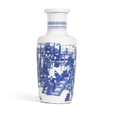 View full screen - View 1 of Lot 73. A blue and white rouleau vase,Qing dynasty, Kangxi period | 清康熙 青花人物故事圖棒槌瓶.