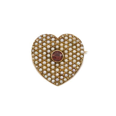 View full screen - View 1 of Lot 206. Half-pearl and Garnet Heart Brooch/Pendant .