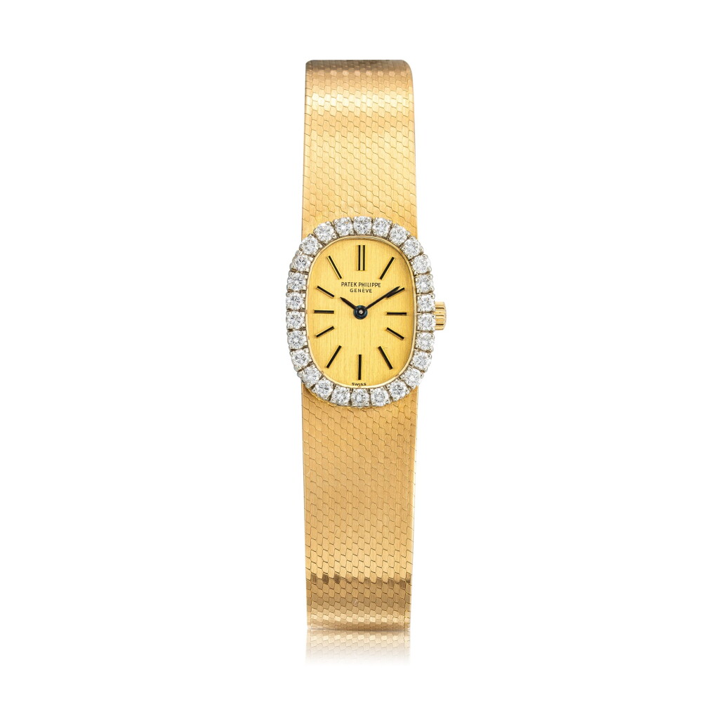 View full screen - View 1 of Lot 8130. Patek Philippe | Ellipse, Reference 3377, A yellow gold and diamond-set bracelet watch, Made in 1970 | 百達翡麗 | Ellipse 型號3377 黃金鑲鑽石鏈帶腕錶,1970年製作.