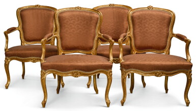 View full screen - View 1 of Lot 180. A SET OF FOUR LOUIS XV CARVED GILTWOOD FAUTEUILS EN CABRIOLET BY FRANÇOIS REUZE MID-18TH CENTURY.