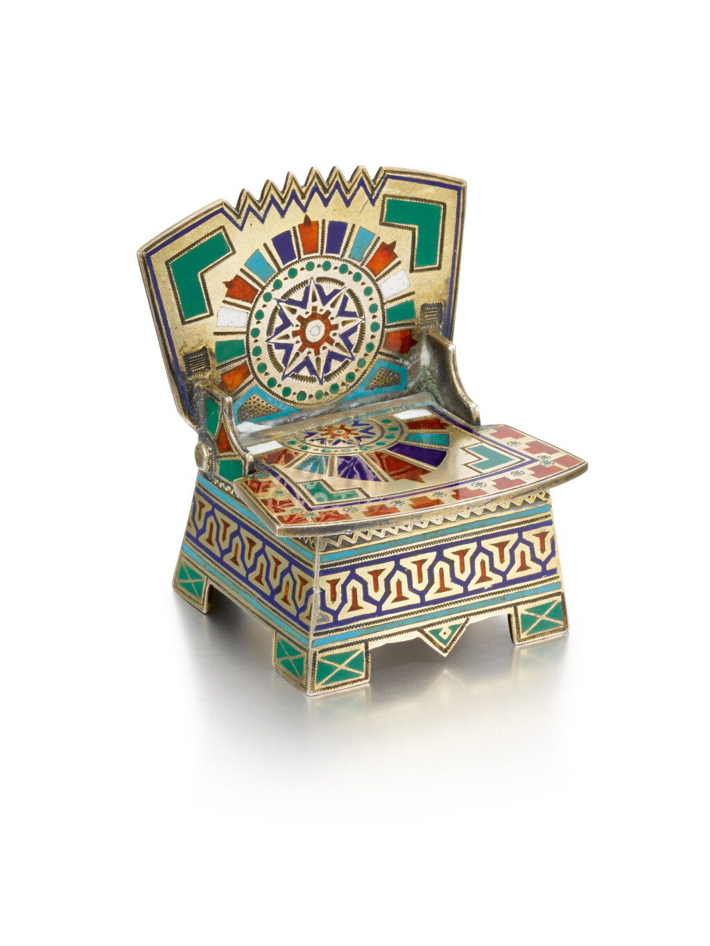 View full screen - View 1 of Lot 294. A miniature silver and champlevé enamel salt chair, Moscow, circa 1885.