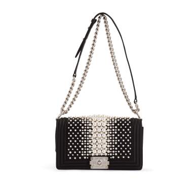 View full screen - View 1 of Lot 17. Black Resin Pearl and Satin Medium Boy Bag Matte Silver Hardware, 2014/15.