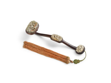 View full screen - View 1 of Lot 100. A celadon jade inlaid hardwood ruyi-sceptre, Late Qing dynasty | 晚清 硬木嵌青玉如意.