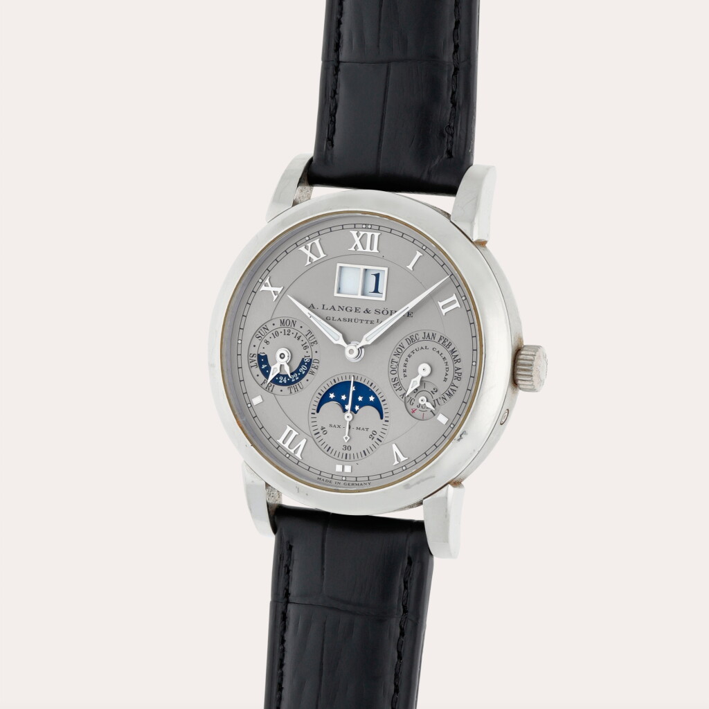 View full screen - View 1 of Lot 145. Langematik Perpetual, Reference 310.025 S | A platinum perpetual calendar wristwatch with digital date display, moon phases, leap year and 24-hour indication | Circa 2007.