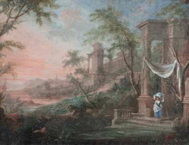 View full screen - View 1 of Lot 1021. A landscape with antique ruins and a washerwoman | Lavandière dans un paysage de ruines antiques.