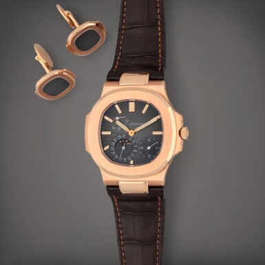 View full screen - View 1 of Lot 225. Nautilus, Reference 5712R-001 | A pink gold wristwatch with date, power reserve indication and moon phases | Circa 2010.