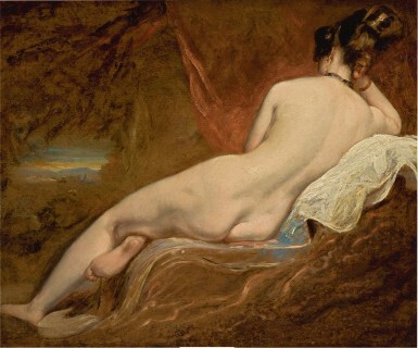 View full screen - View 1 of Lot 172. WILLIAM ETTY, R.A. | RECLINING FEMALE NUDE IN A LANDSCAPE.