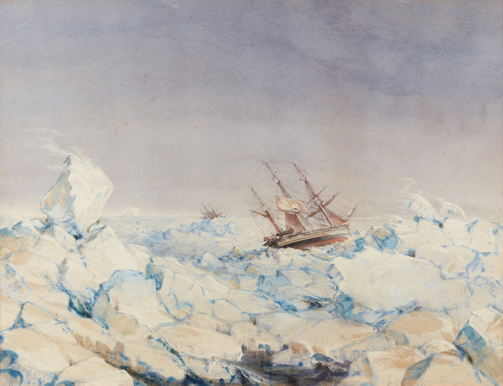 View full screen - View 1 of Lot 256. Ross Expedition | "Erebus" and "Terror" in the ice, 1844, signed by Fitch, framed with wood from HMS Terror.