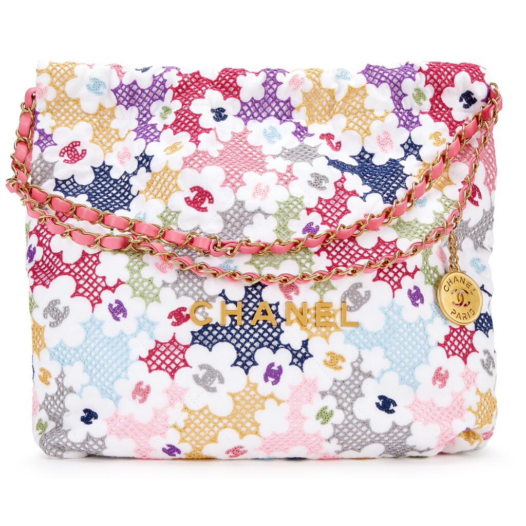 View full screen - View 1 of Lot 3110. Multicolor Lace and Fabric Patchwork Chanel 22 Brushed Gold Hardware.