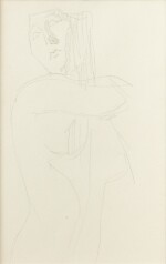 Tête et buste de femme nue debout de trois quarts vers la droite, mains réunies au niveau de l'épaule gauche