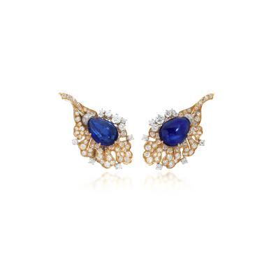 View full screen - View 1 of Lot 841. Pair of sapphire and diamond earrings.