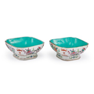 View full screen - View 1 of Lot 2124. A pair of famille-rose bowls Seal marks and period of Tongzhi | 清同治 粉彩八吉祥花盆一對 《大清同治年製》款.