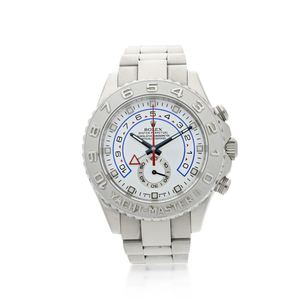 View full screen - View 1 of Lot 95. REFERENCE 116689M YACHT-MASTER II A WHITE GOLD AUTOMATIC FLYBACK CHRONOGRAPH WRISTWATCH WITH REGATTA COUNTDOWN AND BRACELET, CIRCA 2013.