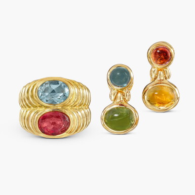 View full screen - View 1 of Lot 1299. Coloured Stone 'Doppio' Ring and Pair of Earrings | 寶格麗 | 寶石 'Doppio' 戒指 及 耳墜一對.